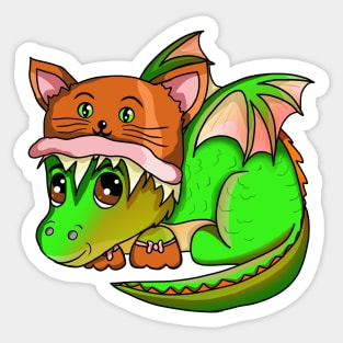 Cute Green Baby Dragon Wearing a Cat Hat Sticker